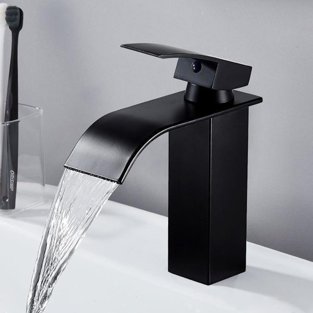 Matte Black Waterfall Bathroom Faucet Stainless Steel Hot Cold Basin Tap 0