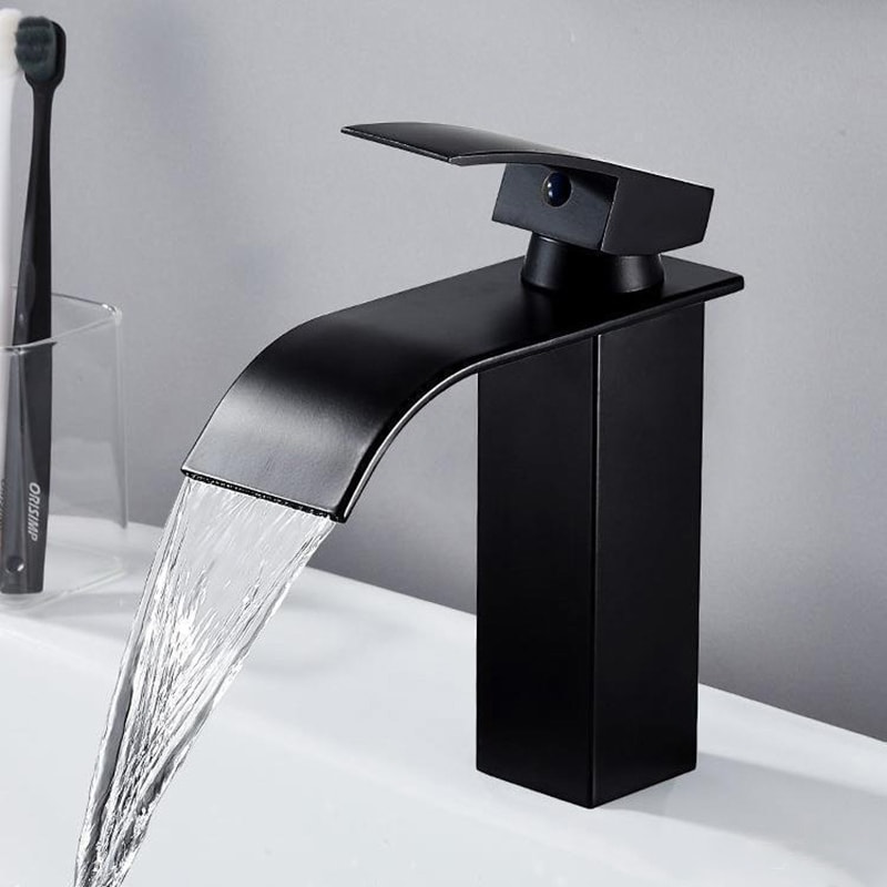 Matte Black Waterfall Bathroom Faucet Stainless Steel Hot Cold Basin Tap 0