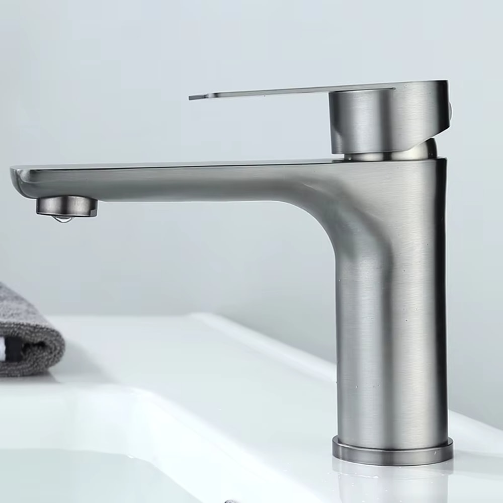 Modern Brushed Stainless Steel Bathroom Sink Faucet Single Handle Hot Cold Mixer 1