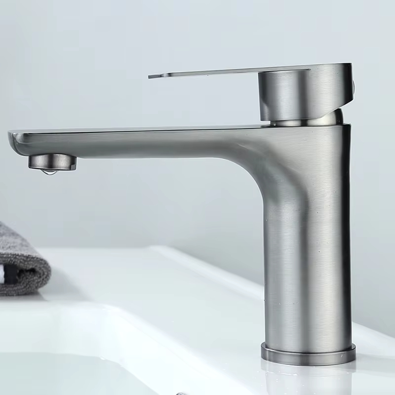 Modern Brushed Stainless Steel Bathroom Sink Faucet Single Handle Hot Cold Mixer 1