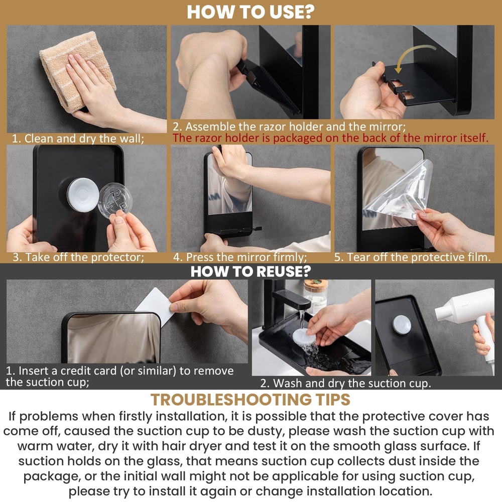 Fogless Shower Mirror with Razor Holder Anti Fog Bathroom Shaving Mirror Suction Mount