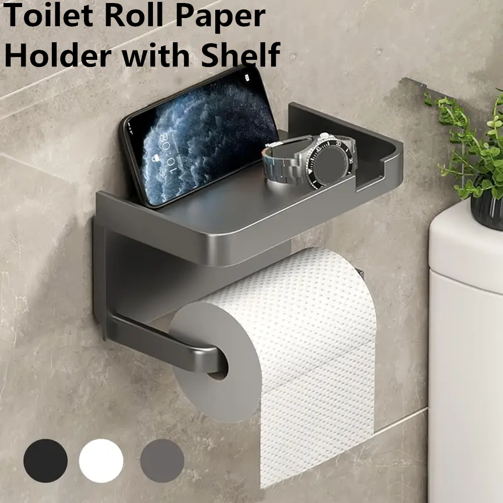Wall Mounted Toilet Paper Holder with Shelf No Drill Adhesive Waterproof Bathroom Organizer