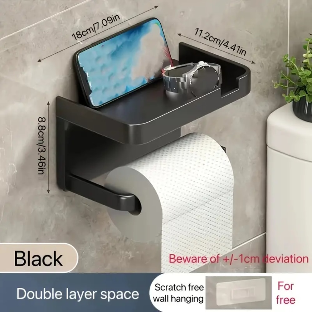 Wall Mounted Toilet Paper Holder with Shelf No Drill Adhesive Waterproof Bathroom Organizer