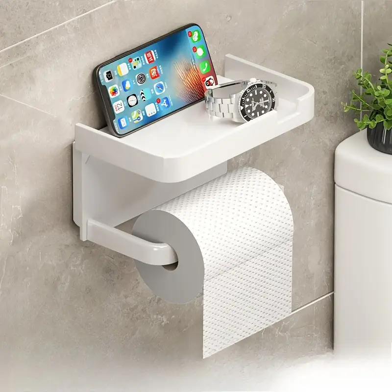 Wall Mounted Toilet Paper Holder with Shelf No Drill Adhesive Waterproof Bathroom Organizer