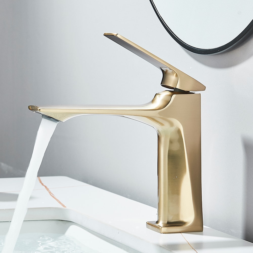 Modern Bathroom Sink Faucet Single Lever Deck Mounted Mixer Tap In Matte Gold Finishes 2