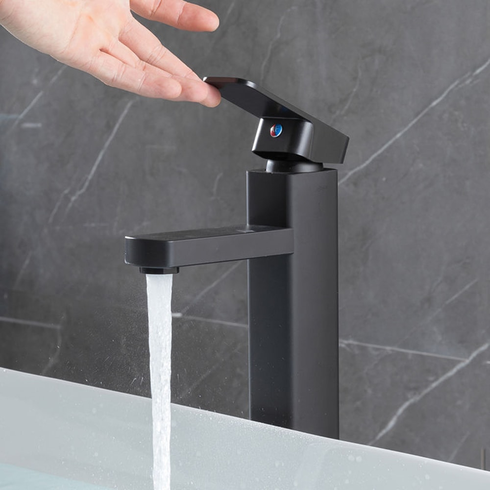 Matte Black Bathroom Faucet Hot Cold Mixer Tap Square Deck Mounted Basin Faucet 3