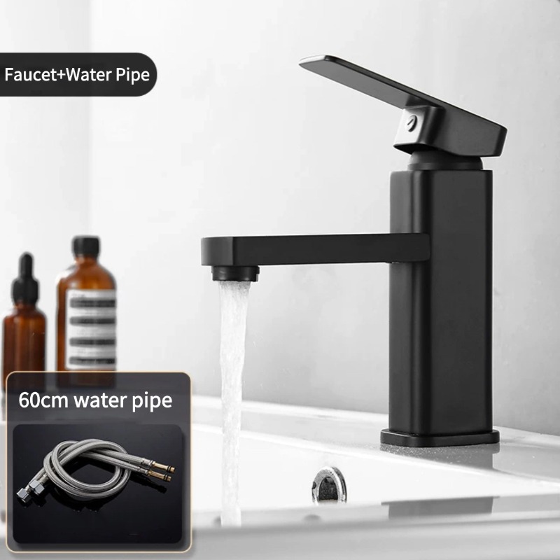 Matte Black Bathroom Faucet Hot Cold Mixer Tap Square Deck Mounted Basin Faucet 5