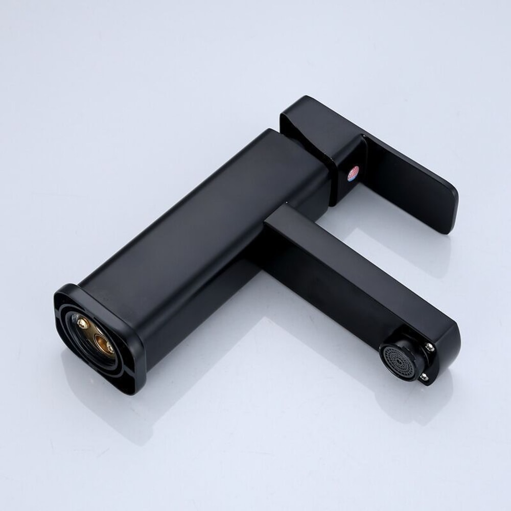 Matte Black Bathroom Faucet Hot Cold Mixer Tap Square Deck Mounted Basin Faucet 4