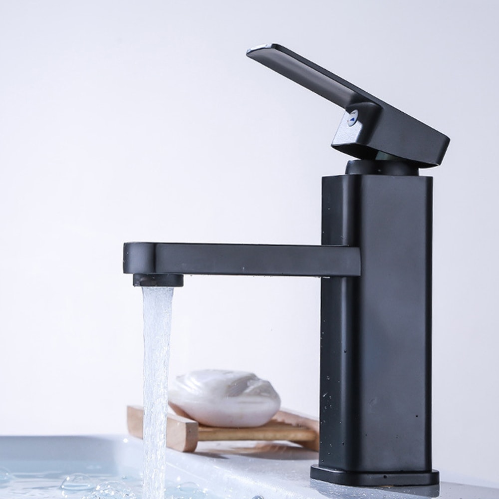 Matte Black Bathroom Faucet Hot Cold Mixer Tap Square Deck Mounted Basin Faucet 7