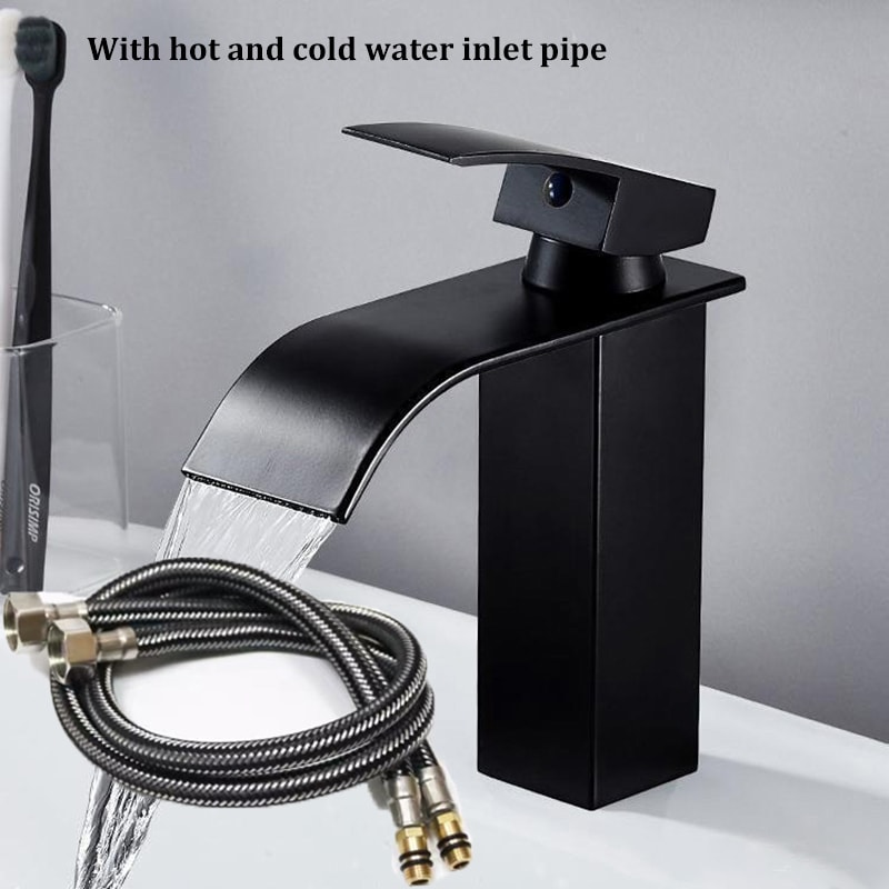 Black Stainless Steel Waterfall Bathroom Faucet With Hot Cold Inlet Modern Wash Basin Mixer 0