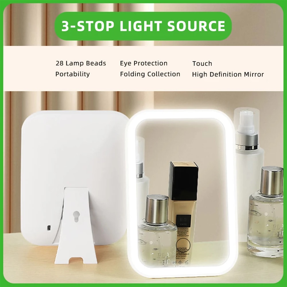LED Touch Screen Makeup Mirror with Lights Rechargeable Folding Vanity Mirror Color Modes