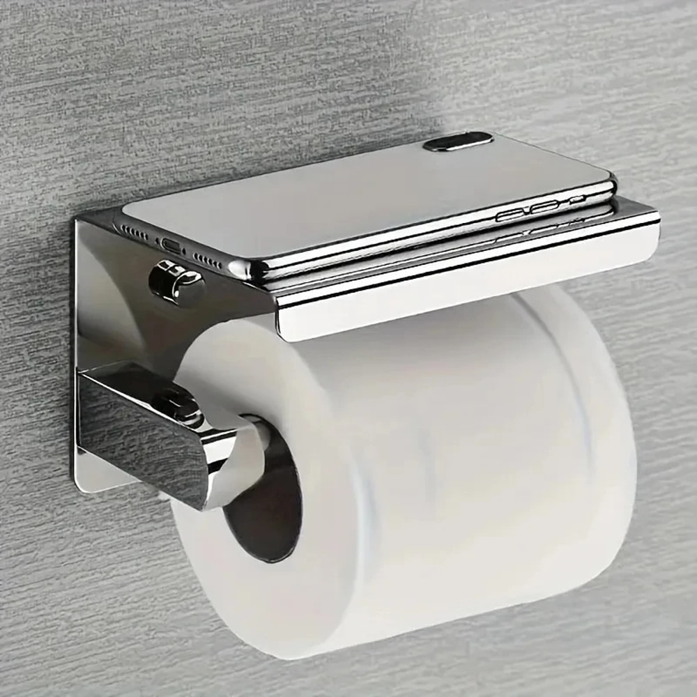 Stainless Steel Toilet Paper Holder With Shelf Wall Mount Bathroom Organizer Rack 1