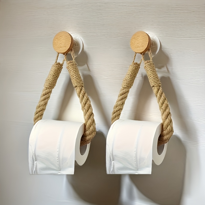 Rustic Hemp Rope Toilet Paper Holder Self Adhesive Wall Mount Bathroom Tissue Organizer