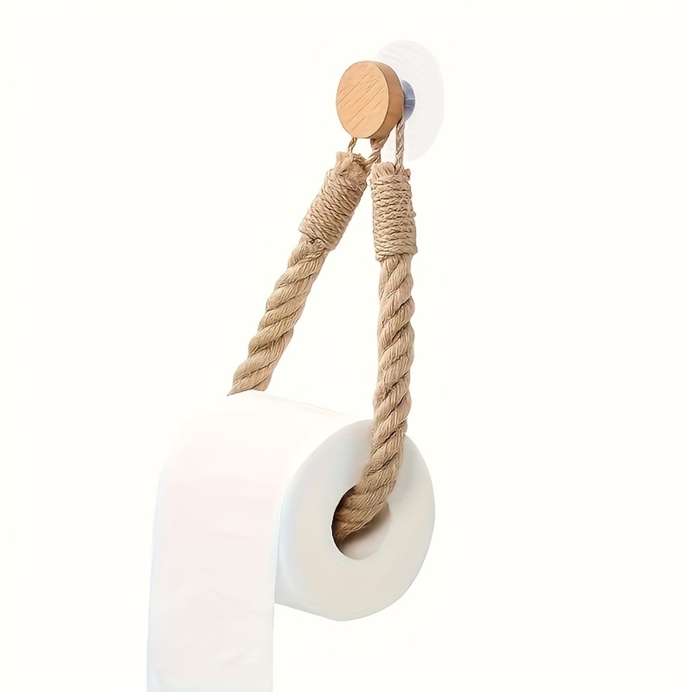 Rustic Hemp Rope Toilet Paper Holder Self Adhesive Wall Mount Bathroom Tissue Organizer