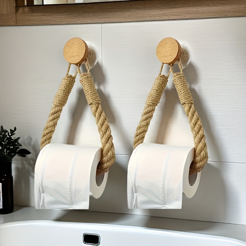 Rustic Hemp Rope Toilet Paper Holder Self Adhesive Wall Mount Bathroom Tissue Organizer