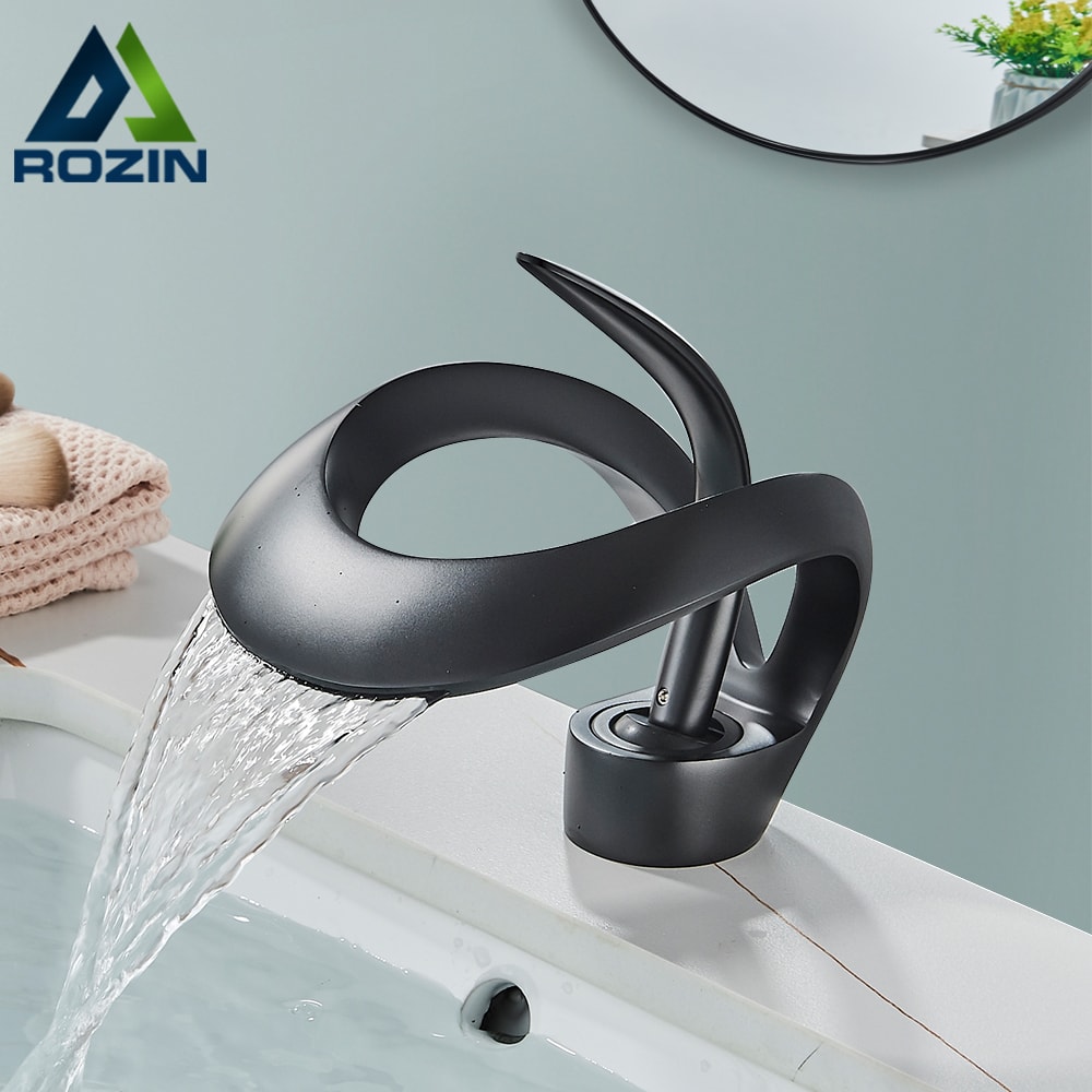 Luxury Black Waterfall Bathroom Faucet Brass Deck Mount Mixer Tap 0