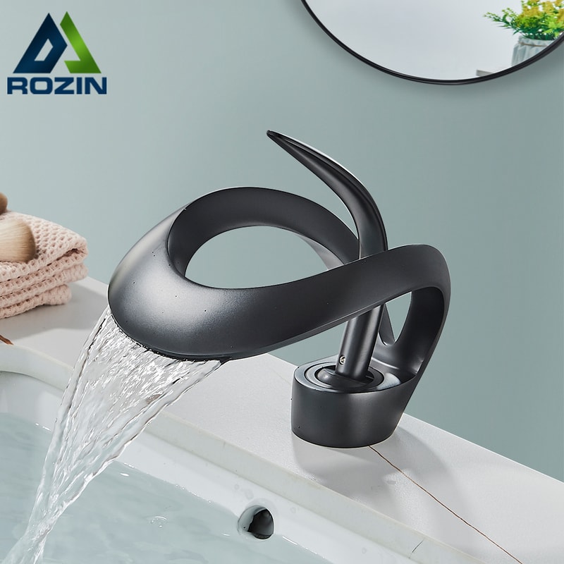 Luxury Black Waterfall Bathroom Faucet Brass Deck Mount Mixer Tap 0