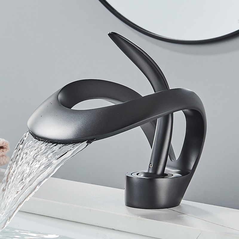Luxury Black Waterfall Bathroom Faucet Brass Deck Mount Mixer Tap 8