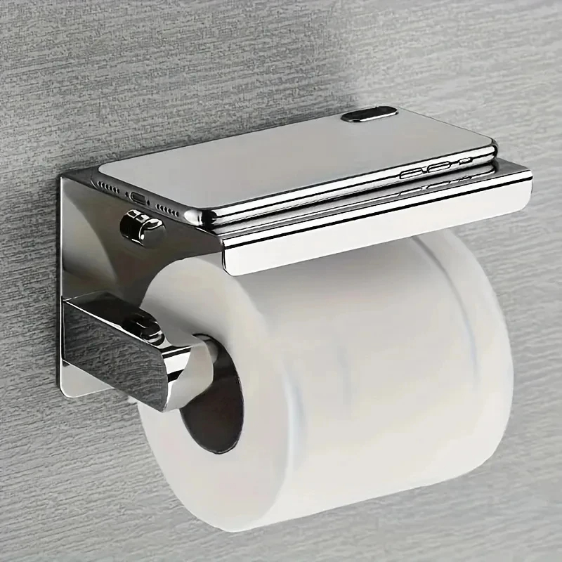 Stainless Steel Adhesive Toilet Paper Holder With Shelf No Drill Bathroom Organizer 0