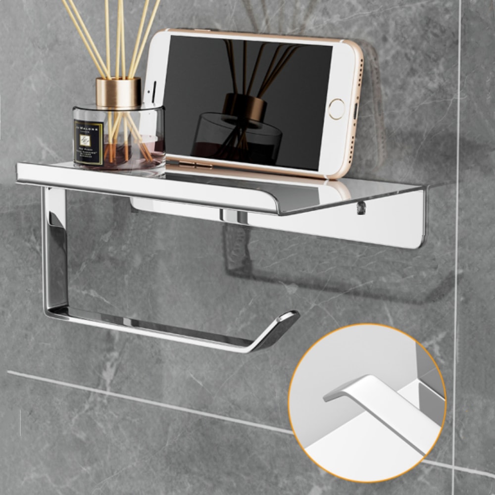 Wall Mount Toilet Paper Holder with Shelf Phone Storage Bathroom Organizer