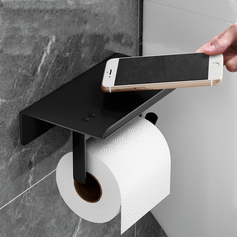 Wall Mount Toilet Paper Holder with Shelf Phone Storage Bathroom Organizer