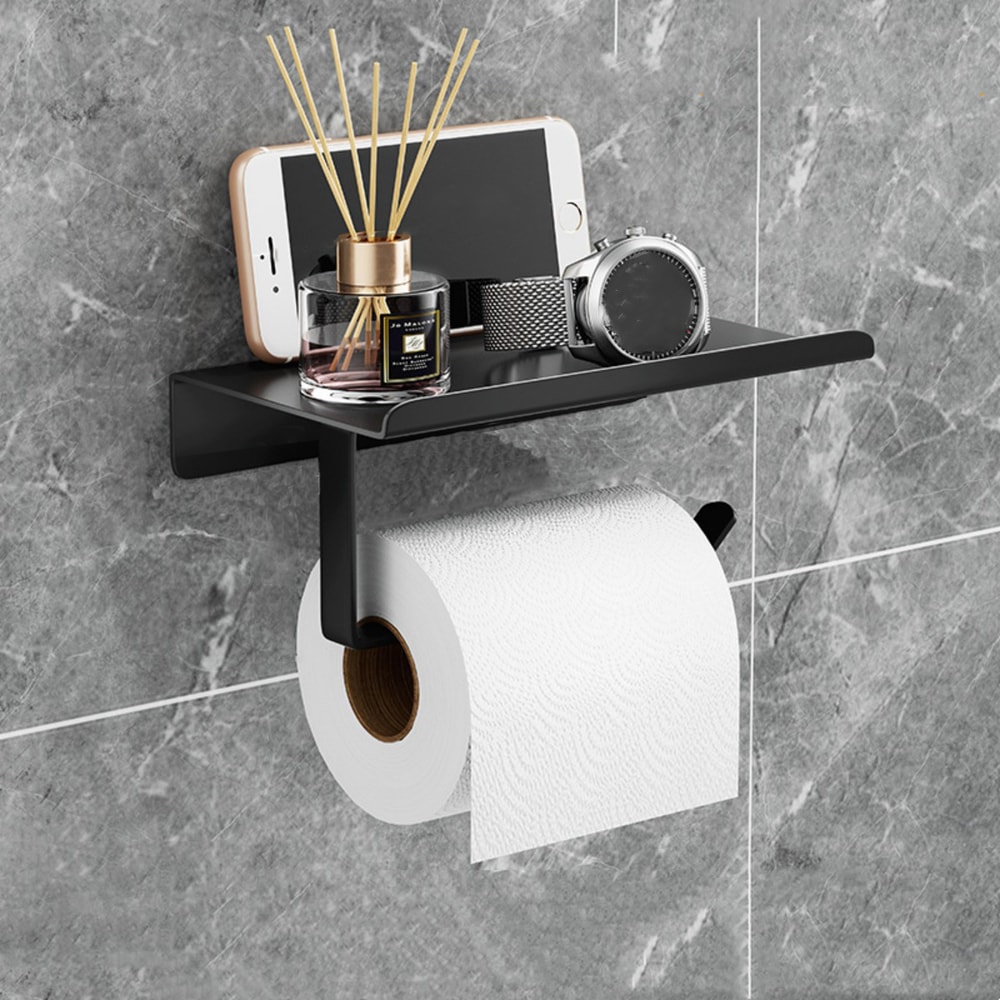 Wall Mount Toilet Paper Holder with Shelf Phone Storage Bathroom Organizer