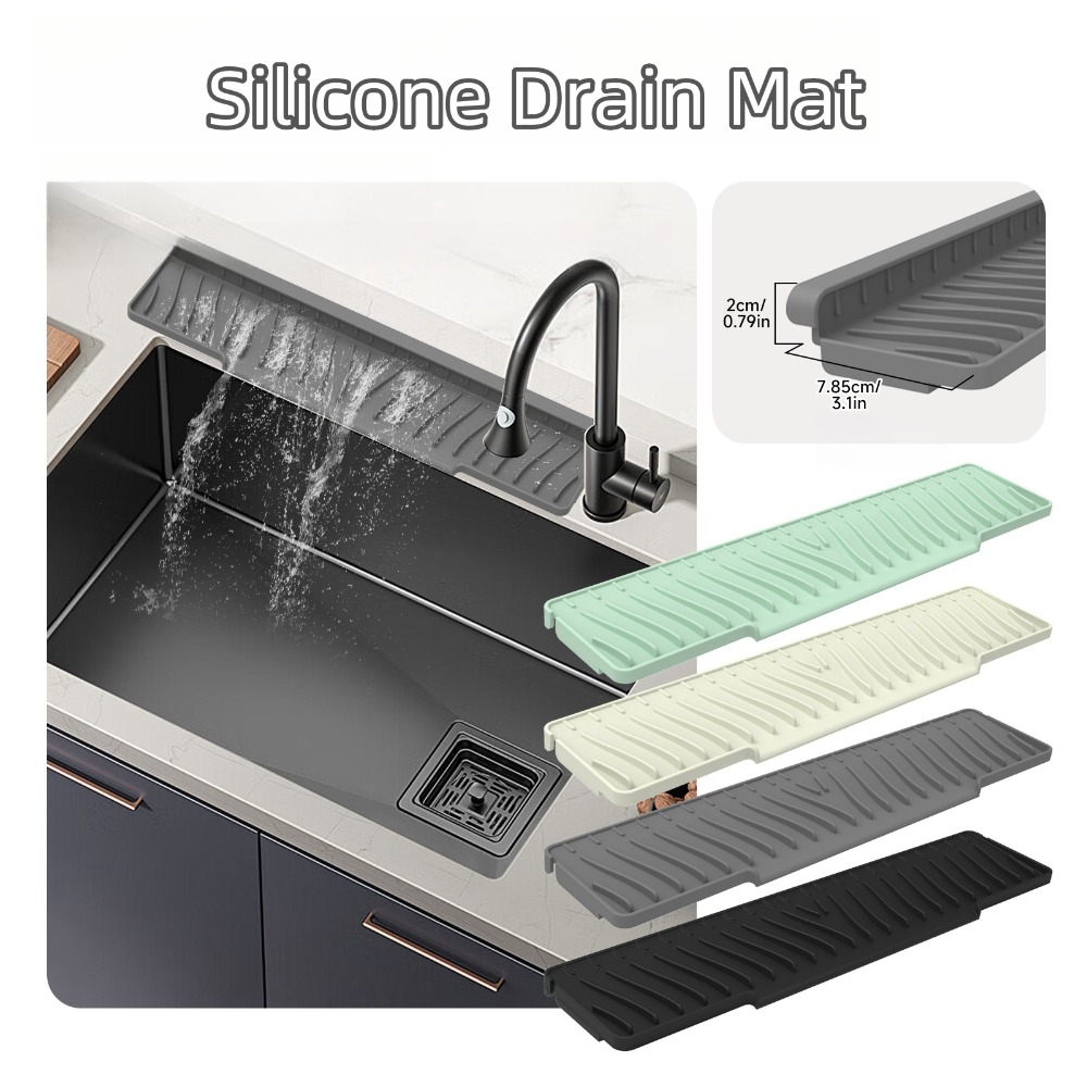 Extendable Silicone Faucet Mat for Sink Anti Slip silicone sink mat with Drain Holder