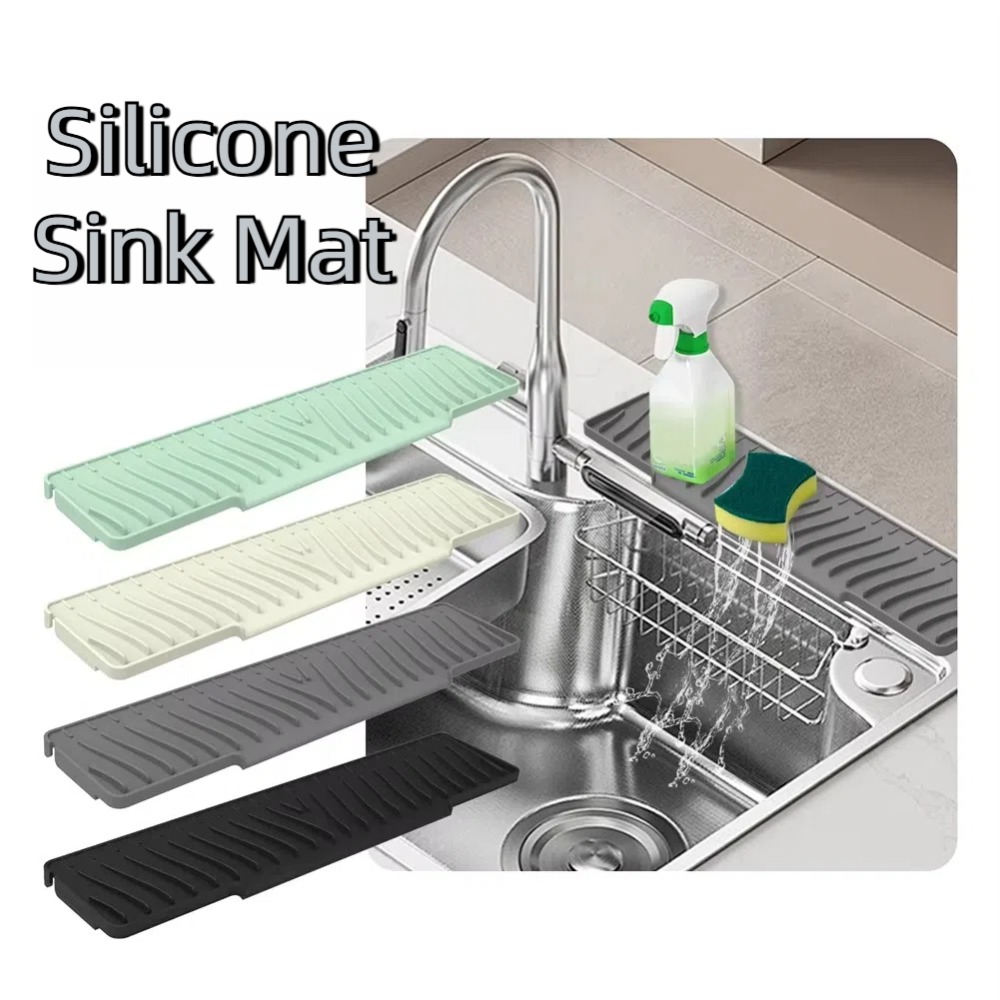 Extendable Silicone Faucet Mat for Sink Anti Slip silicone sink mat with Drain Holder