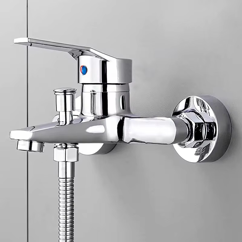 Wall Mounted Dual Spout Bathroom Faucet with Hot Cold Mixer Chrome Basin Tap