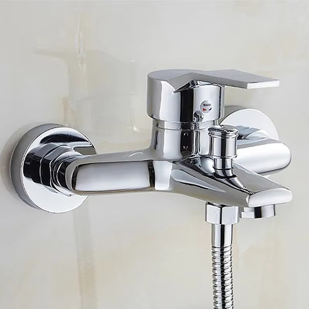 Wall Mounted Dual Spout Bathroom Faucet with Hot Cold Mixer Chrome Basin Tap