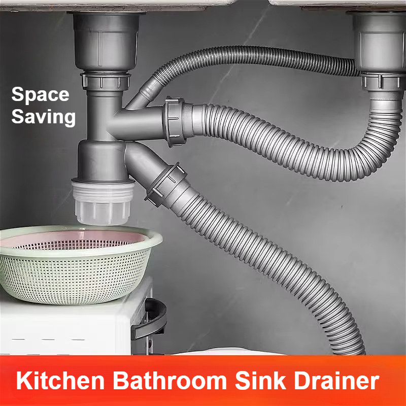 Double Basin Kitchen Sink Drain Pipe Kit with Odor Proof Anti Clog Drainer