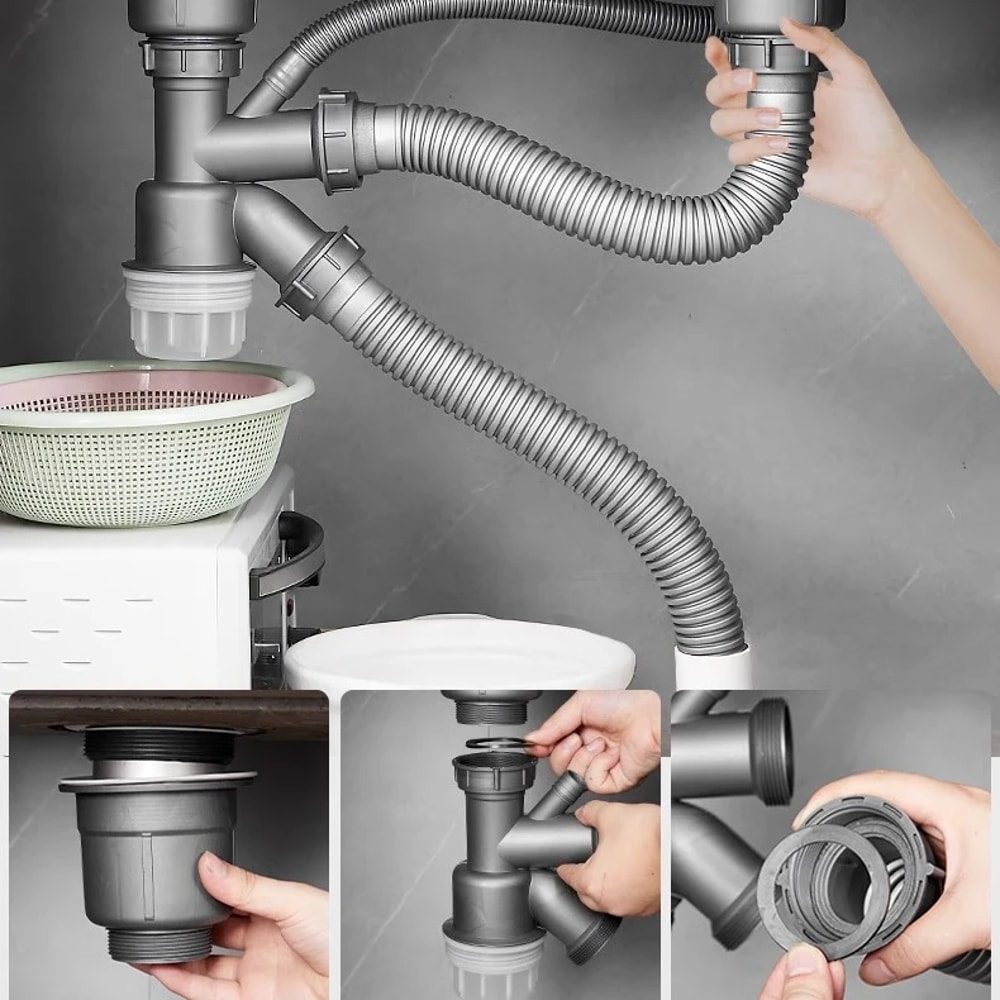 Double Basin Kitchen Sink Drain Pipe Kit with Odor Proof Anti Clog Drainer