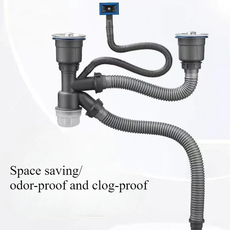 Double Basin Kitchen Sink Drain Pipe Kit with Odor Proof Anti Clog Drainer