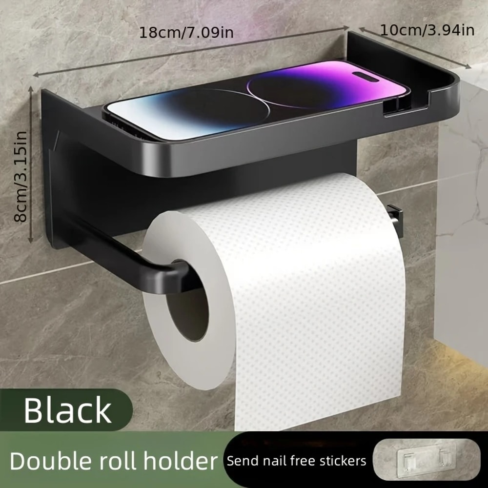 Wall Mounted Toilet Paper Holder with Shelf Black Bathroom Organizer