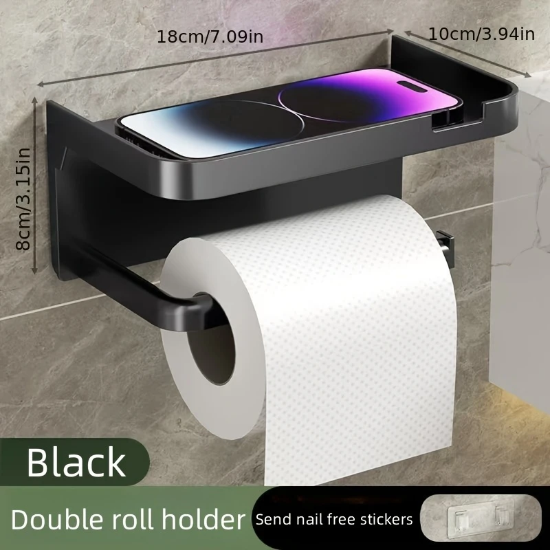 Wall Mounted Toilet Paper Holder with Shelf Black Bathroom Organizer