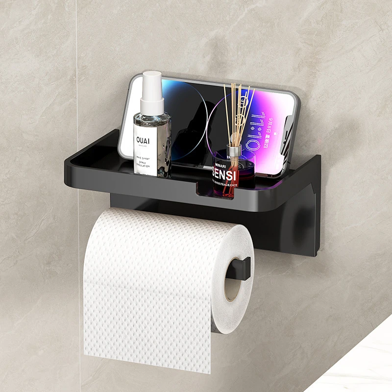 Wall Mounted Toilet Paper Holder with Shelf Black Bathroom Organizer
