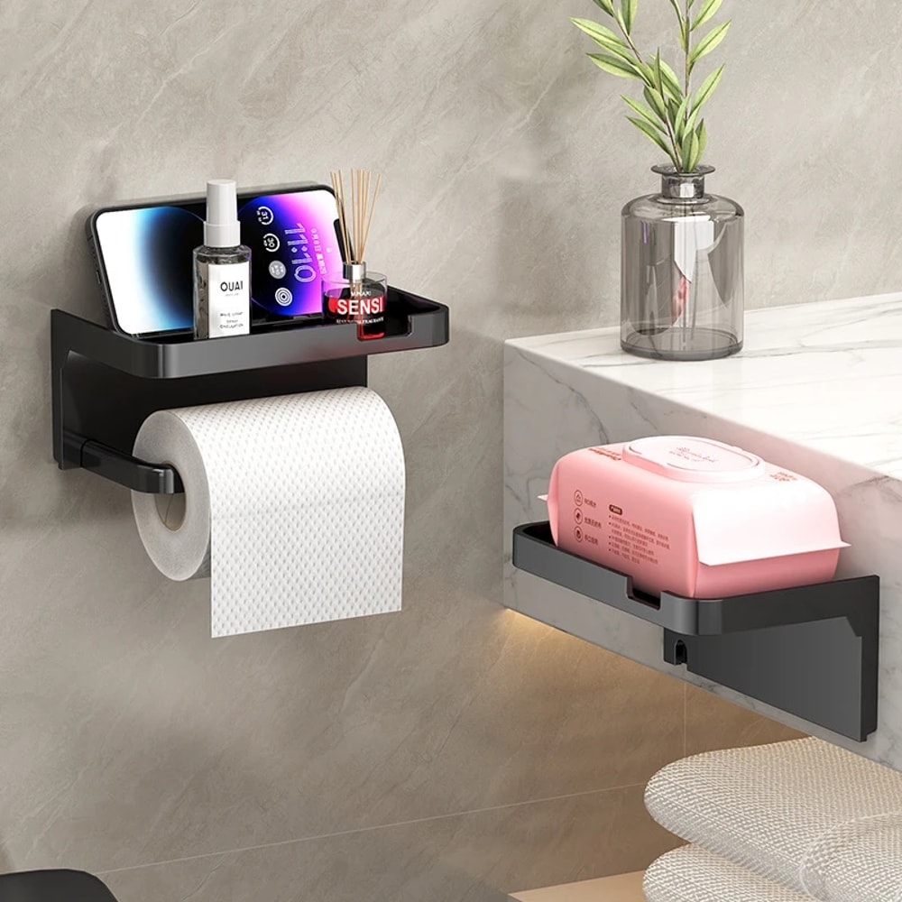Wall Mounted Toilet Paper Holder with Shelf Black Bathroom Organizer