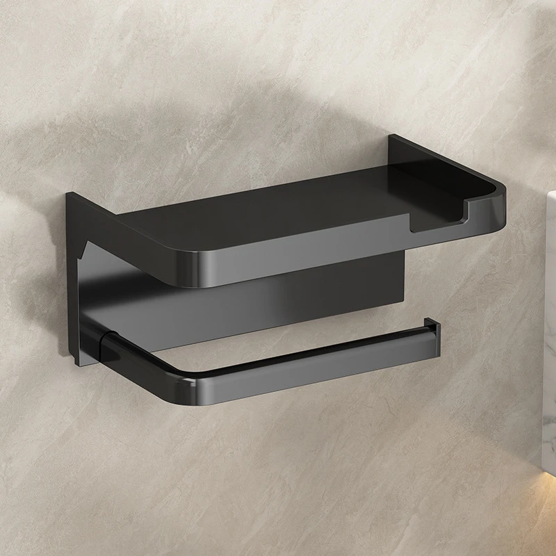 Wall Mounted Toilet Paper Holder with Shelf Black Bathroom Organizer
