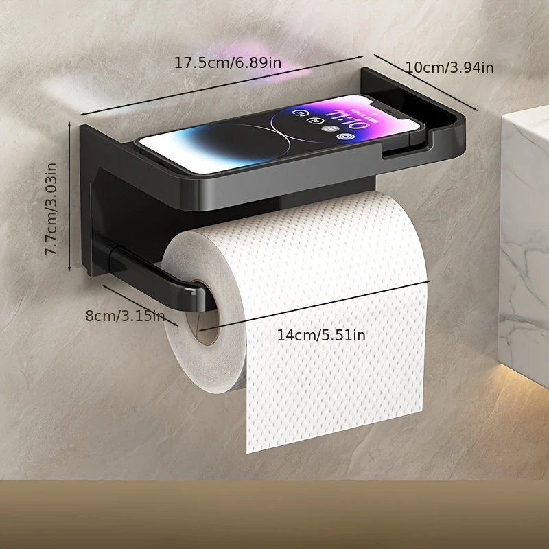 Wall Mounted Toilet Paper Holder with Shelf Black Bathroom Organizer