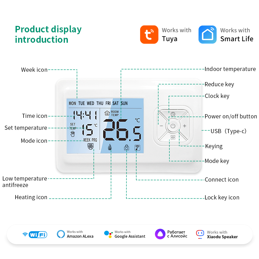 Smart WiFi Thermostat for Gas Boiler with Tuya Alexa Control Battery Powered