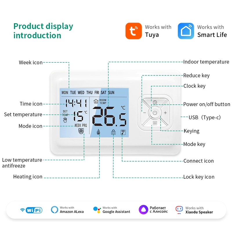 Smart WiFi Thermostat for Gas Boiler with Tuya Alexa Control Battery Powered