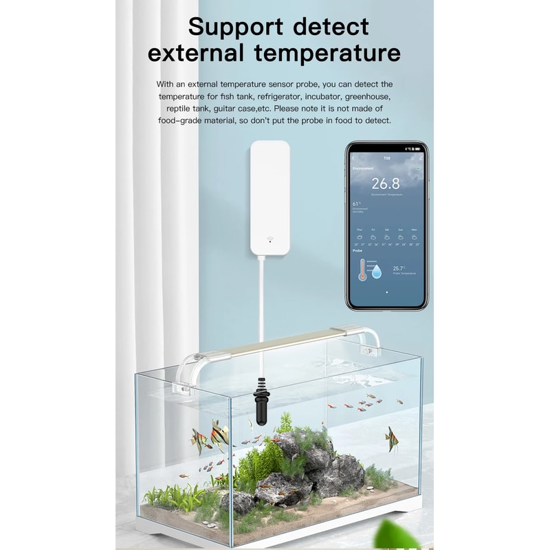 Smart WiFi Temperature Humidity Sensor with External Probe for Refrigerator, Aquarium & Home Monitoring