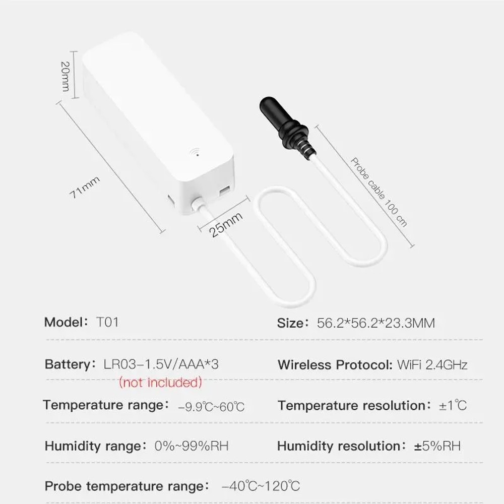 Smart WiFi Temperature Humidity Sensor with External Probe for Refrigerator, Aquarium & Home Monitoring