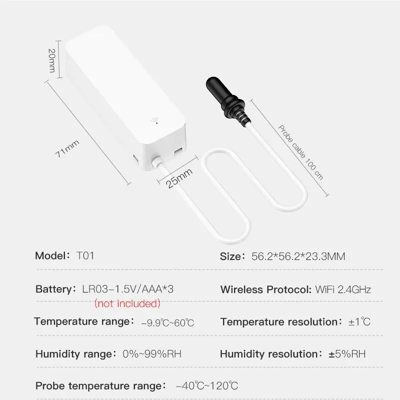 Smart WiFi Temperature Humidity Sensor with External Probe for Refrigerator, Aquarium & Home Monitoring