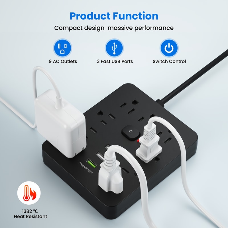 TRANSTON Surge Protector Power Strip with USB, Outlet Extension Cord for Home Office Charging