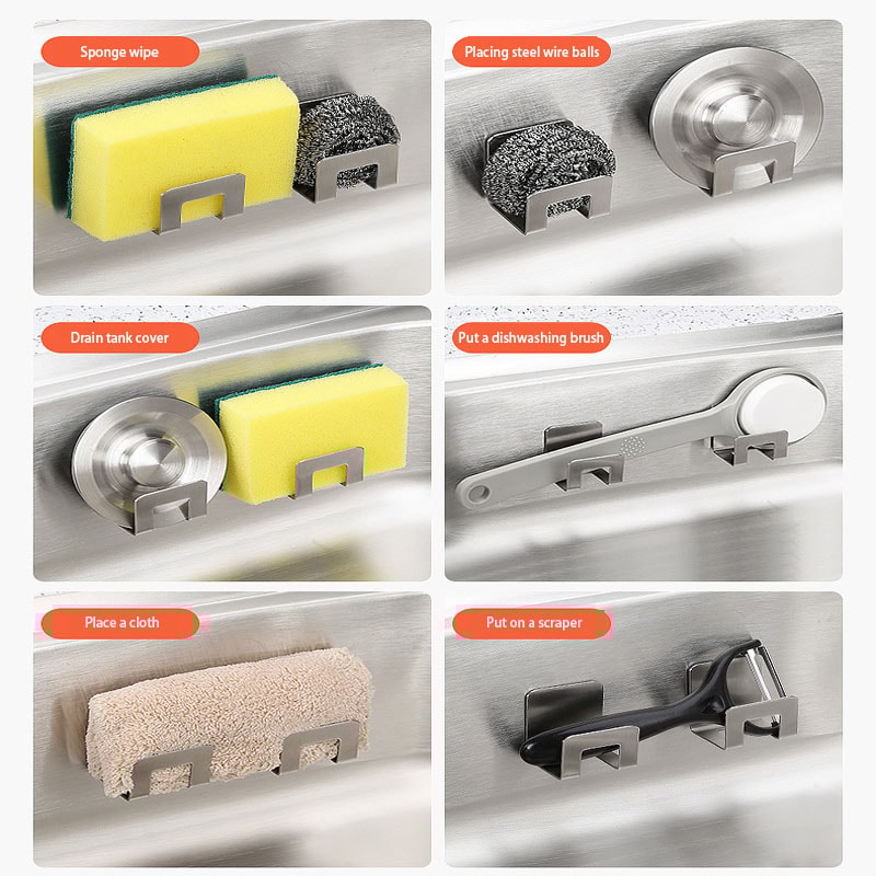Stainless Steel Sink Organizer Rack With Self Adhesive Sponge Holder And Drain Tray 4