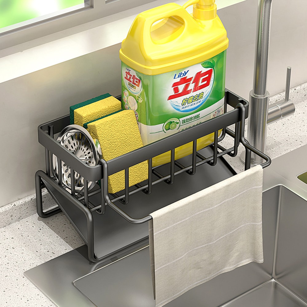 Stainless Steel Sink Organizer Rack with Faucet Hook Sponge Holder & Soap Drainer