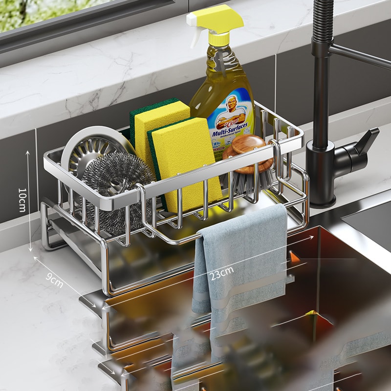 Stainless Steel Sink Organizer Rack with Faucet Hook Sponge Holder & Soap Drainer