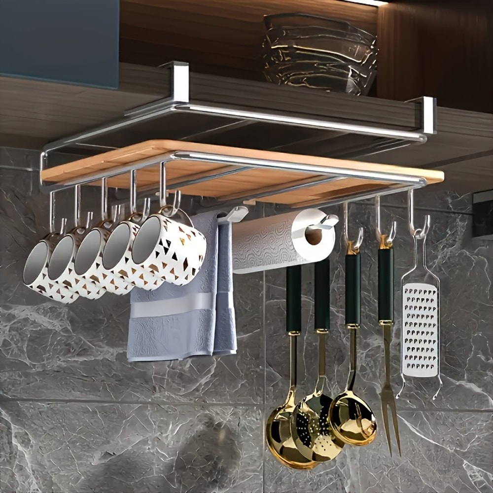 Stainless Steel Wall Mounted Kitchen Organizer Rack with Hooks and Paper Towel Holder