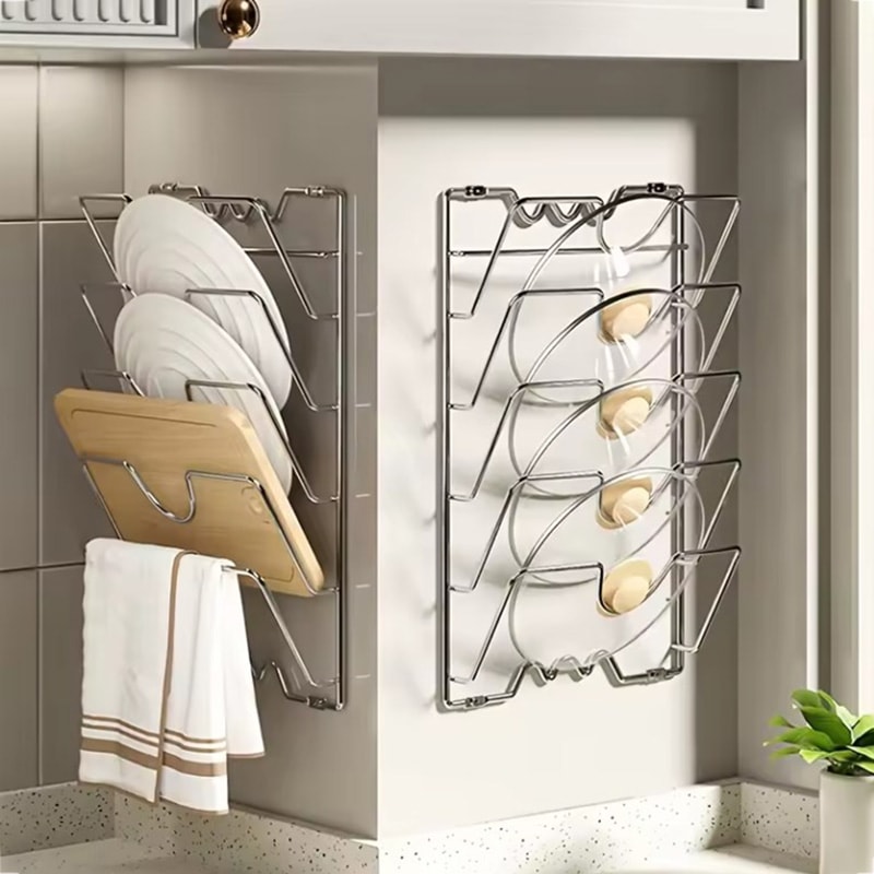 Wall Mounted Pot Lid Organizer Rack Tier Rust Free Kitchen Storage Holder